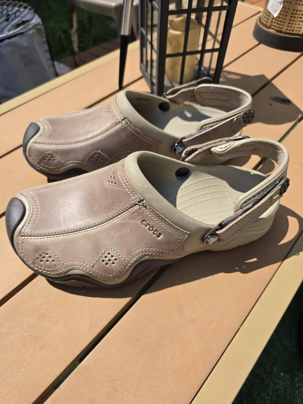 Crocs Swiftwater Men's Leather Clog Sandals Brown Tan Adjustable Strap Sz 10